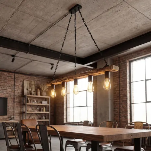 Rustikale Hängelampe aus Metall und geflammtem Holz E27 - Stilvolle Pendelleuchte mit einem geflammten Holzbalken und Metall-Elementen. Ideal für Esstische und Bars, sorgt für eine großzügige Lichtverteilung. Maße: 100 cm lang, 85 cm hängend, mit E27-Fassung.