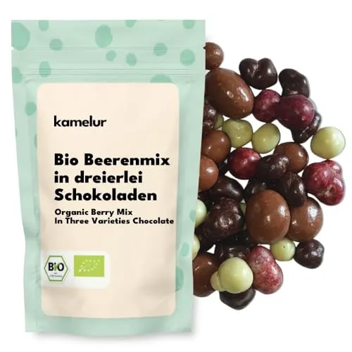 Kamelur Bio Beerenmix in dreierlei Schokoladen 250g – Gefriergetrocknete Himbeeren, Erdbeeren & Heidelbeeren mit Zartbitter-, Vollmilch-, Weißer & Violetter Schokolade – Fruchtig, knusprig & edel