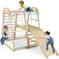 COSTWAY Klettergerüst Indoor, 8 in 1 Affenstange, Schaukel, Kletternetz, Kletterleiter, Kletterstrick, Kletterfelsen, Rutsche&Plattform, für Kind... - Bunt