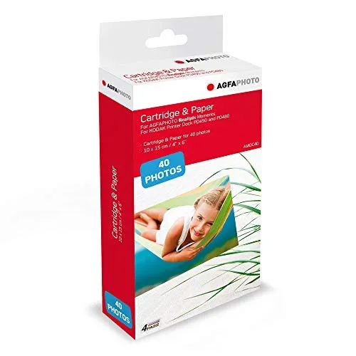 AgfaPhoto Photo Kartusche und Papier, 40 Fotos - Fotopapier für brillante Ausdrucke, kompatibel mit AGFA Photo Realipix Moments und Kodak PD450, PD480; enthält 1 Kartusche und 40 Blatt für hochwertige Fotoergebnisse.