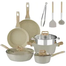 Topfsets, 12-teilige Kochtopfset Antihaft-beschichtete, Aluminium Topfset Induktion Induktionstöpfe mit Deckel, ,Töpfe & pfannen, Beige - Beige