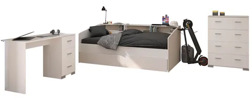58aufmkessel Kinderzimmer-Set in Weiß und Eiche - Komplettes Kinderzimmer-Set mit Stauraumbett, Schreibtisch und Kommode. Praktische Ablagefächer bieten viel Stauraum. Ideal für ein modernes Kinder- und Jugendzimmer.