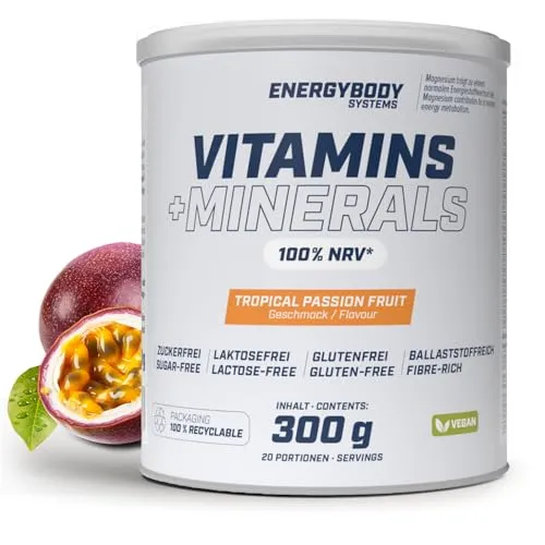 Energybody Vitamins + Minerals Pulver - 300g - mit 10 Vitaminen & 8 Mineralstoffen/Multivitamin Mineralstoff Drink/Tropical Passion Fruit Geschmack, vegan
