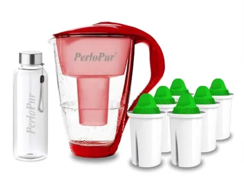 perlopur® Glas-Wasserfilter (rot) +6 Kart. Alkaline +Glas-Trinkfl. | Borosilikatglas, 2 l gesamt, 1 l gefiltert, LED-Anzeige, für classic Kartuschen, hebt den pH-Wert an, für basisches Wasser