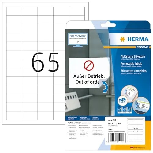HERMA 4212 Universal Etiketten ablösbar, 800 Blatt, 38,1 x 21,2 mm, 65 pro A4 Bogen, 52000 Stück, selbstklebend, bedruckbar, matt, blanko Papier Klebeetiketten Aufkleber, weiß