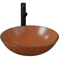 vidaXL Badezimmer Waschbecken mit Wasserhahn & Ablaufgarnitur Braun - Elegantes Waschbecken aus gehärtetem Glas mit einem einzigartigen Design, ideal für stilvolle Bäder. Inklusive praktischer Pop-up Ablaufgarnitur für einfache Handhabung.