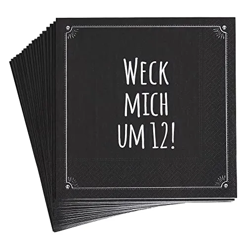 Pechkeks Silvester Servietten schwarz - Weck mich um 12! - Party Neujahr Tischdeko mit Spruch für Freunde des schwarzen Humors, 33 x 33 cm, 10 Stück
