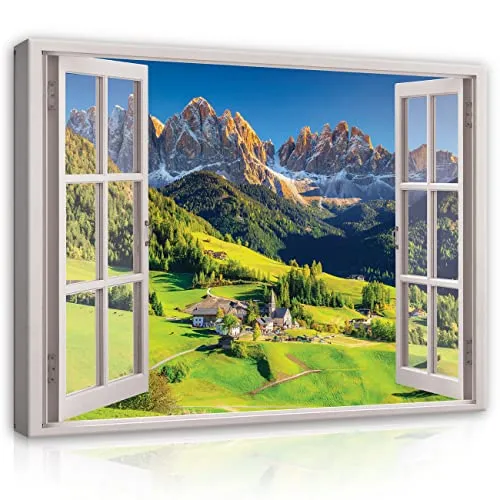 Leinwandbild Fensterblick Berge Alpen 100x75 cm - Poster & Kunstdrucke - Fotorealistisches Leinwandbild auf Premium Canvas, UV-beständig und sofort aufhängfertig für ein einzigartiges Wohnambiente.