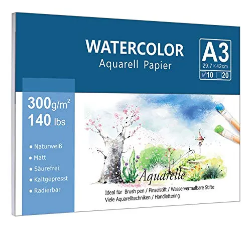 Premium Aquarellpapier A3 (300 g/m²) - 10 Blätter - Hochwertiges Aquarellpapier, glatt und rau, ideal für verschiedene Maltechniken. Säurefrei und lichtbeständig für langlebige Kunstwerke. Perfekt für kreative Projekte!