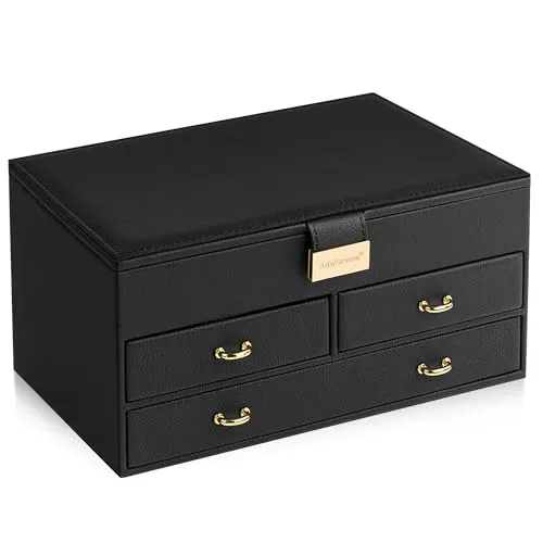 ADEL DREAM Schmuckkästchen, 3-stöckiges Schmuckkästchen mit rotgoldener Schnalle, Schmuckaufbewahrung aus PU-Leder, weicher Samt, Geschenk für Ihre Lieben und Freunde(Nero-11-1)