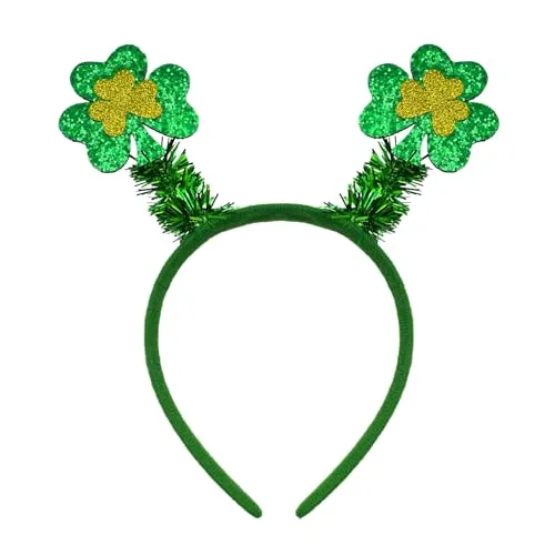 Oblique Unique Haarreifen mit Glitzer Kleeblätter in Grün Gold mit Lametta Haarreif für Fasching Karneval Motto Party