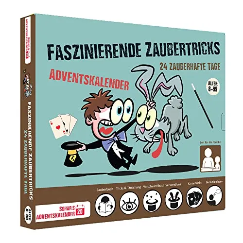 Adventskalender 2025 Faszinierende Zaubertricks 24 verblüffende und leicht zu erlernende Zaubertricks. Im Kalender ist eine bebilderte Anleitung und eine Videoanleitung enthalten. 8 Jahren – Deutsche