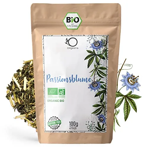 ORIGEENS BIO PASSIONSBLUME TEE 100g | Schlaf Tee und Anti Stress Tee | BIO Passionsblumenkraut, Oberirdische Teile (Blätter, Stängel, Blüten)