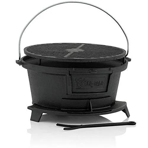 BBQ-Toro Gusseisen Grilltopf mit Grillrost | Hibachi Style für perfekte Grillergebnisse - Grills | Mobiler Gusseisen Grilltopf im Hibachi Style, bereits eingebrannt und ideal für Garten, Camping oder Picknick – mit praktischem Tragegriff und Klappe zum Nachlegen von Grillkohle.