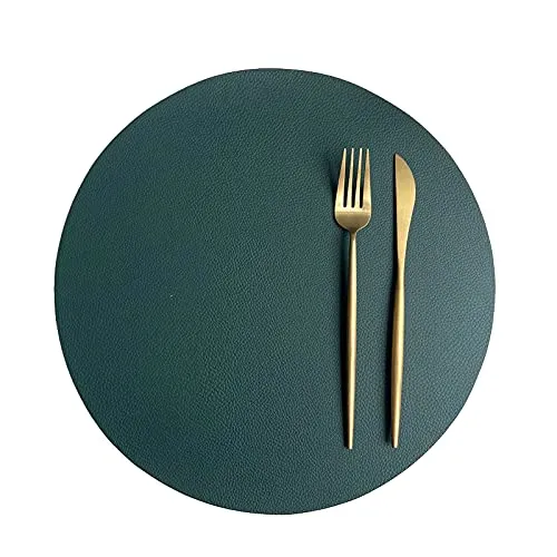 Rund Tischsets Abwaschbar, Zweifarbig Leder Kunstleder Platzset Wasserdicht Platzdeckchen Lederoptik für Hause Küche Restaurant und Hotel, 32cm (Grün+Beige,4 Stück)