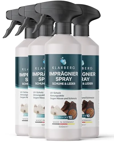 KLARBERG Imprägnierspray für Schuhe - Wasserdicht & Schmutzabweisend (4x 500 ml) - Schuh-Imprägnierspray für effektiven Schutz gegen Wasser und Schmutz. Ideal für alle Materialien, inklusive Wildleder und Textilien. Biologisch abbaubar und einfach anzuwenden – für langanhaltende Schuhpflege.