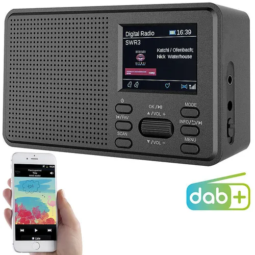 VR-Radio Mobiles Radio: DAB+ und UKW Digitalradio mit Wecker und Bluetooth - Tragbares DAB-Funkgerät mit großem LCD-Farbdisplay und 30 Senderspeichern. Genießen Sie kabelloses Musik-Streaming per Bluetooth und wachen Sie mit Ihrem Lieblingssender auf.