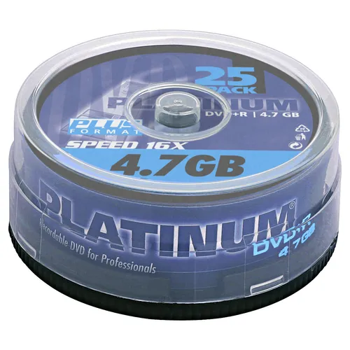 25er Spindel PLATINUM DVD+R 4,7 GB Rohlinge - Rohlinge mit 4,7 GB Kapazität und 120 Minuten Aufnahmezeit, ideal für Langzeitlagerung und Beschriftung, maximale Schreibgeschwindigkeit von 16x.