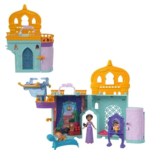 Mattel Disney Jasmins Stapelschloss Puppenhaus-Spielset - Puppen-Spielzeug inspiriert vom Disney-Film Aladdin, mit beweglicher Jasmin-Puppe und fliegendem Teppich für fantasievolles Spielen.