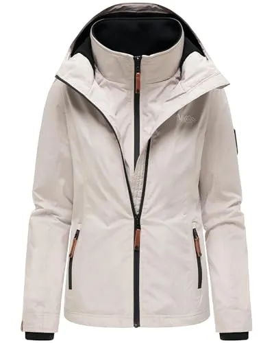 MARIKOO leicht gefütterte Damen Übergangsjacke kurze Sommerjacke mit kuscheligem Fleece-Innenfutter und großer Kapuze Erdbeere Bone Gr. L