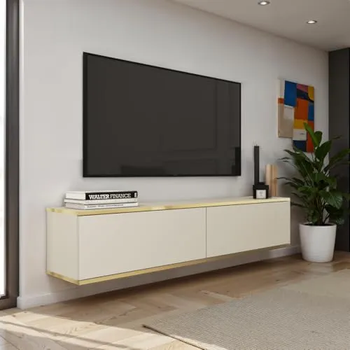 Komodee Banff TV135 - Stylischer TV Schrank in Beige und Eiche Artisan - TV-Halterungen mit Push-to-Open System für müheloses Öffnen und einem modernen, minimalistischen Design. Ideal für platzsparende Aufbewahrung von Elektronik.