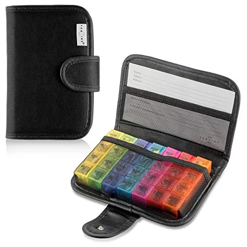 Tabtime schwarze Tablettenbox 7 Tage/Pillendose/Medikamentenbox 7 Tage mit deutscher Beschriftung, Wochendose mit 28 Fächern für Vitamine und Medikamente