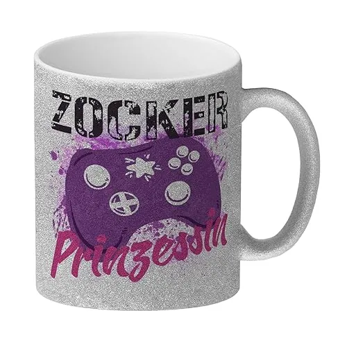 speecheese Zocker Prinzessin Glitzer-Kaffeebecher mit Controller Motiv