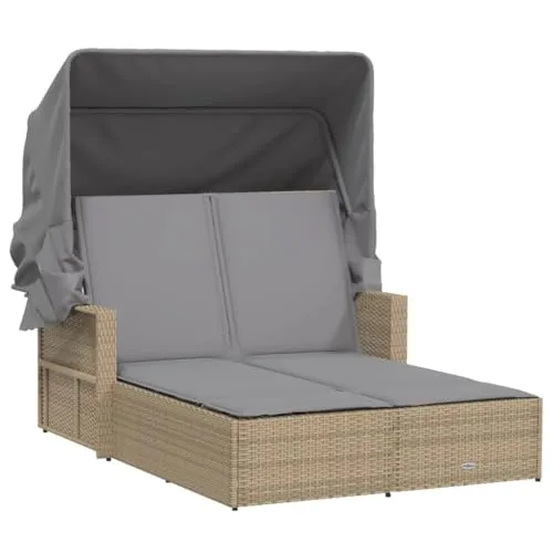 vidaXL Doppel Sonnenliege mit Sonnendach - Beige Poly Rattan Doppelliege mit verstellbarer Rückenlehne und ausziehbarem Sonnendach für entspanntes Liegen im Garten, pflegeleicht und wetterfest.