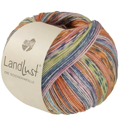 LandLust die Sockenwolle Seide 336 - Lachs/Orange/Grau/Mint/Rosa/Zitrusgelb/Graublau Gestreift