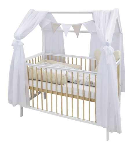 Baby-Delux Hausbett 60x120 cm mit Matratze und Himmel - Süßes Hausbett für Kinder aus massivem Kiefernholz, höhenverstellbar und mit herausnehmbaren Schlupfsprossen. Inklusive hochwertigem Bettwäsche-Set und dekorativem Himmel für ein gemütliches Kinderzimmer.