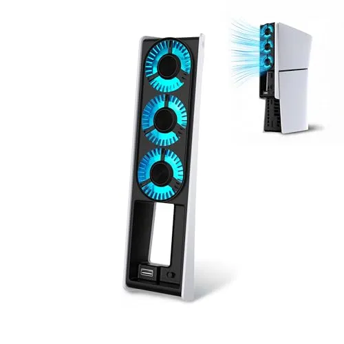 Akuma Cyber W02 Lüfter mit Hintergrundbeleuchtung, kompatibel mit PS5 Slim mit 3 Lüftern und einem externen USB 3.0-Anschluss – Weiß