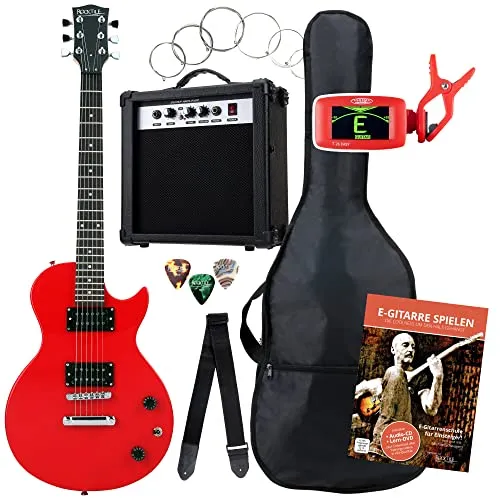 Rocktile Single Cut Pack Komplettset Power E-Gitarre Rot - E-Gitarren-Set mit 2 Humbucker Tonabnehmern und 10 Watt Verstärker, inklusive Stimmgerät, Tasche und Zubehör für Einsteiger und Fortgeschrittene.