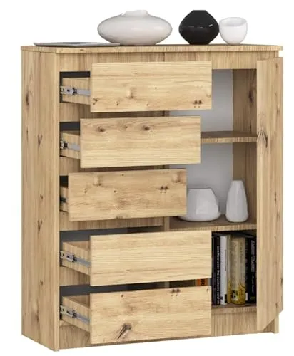 BDW - Kommode mit 5 Schubladen und 1 Tür - 80 cm breit, 97 cm hoch - Schrank, Sideboard, Mehrzweck-, Schuhschrank, Schubladenkommode, Aktenschrank - Wohn-, Schlafzimmer, Flur (Artisan-Eiche)