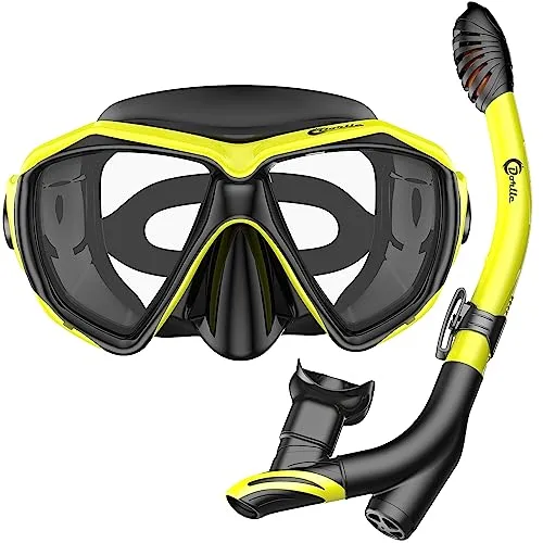 Dorlle Schnorchelset Schnorcheln Set mit Schnorchel und Taucherbrille,wasserdichte Tauchmaske Anti-Fog Anti-Leck aus Gehärtetem Glas,mit 3-Kanal Premium Dry Schnorchel für Erwachsene ,Schwarz/Gelb