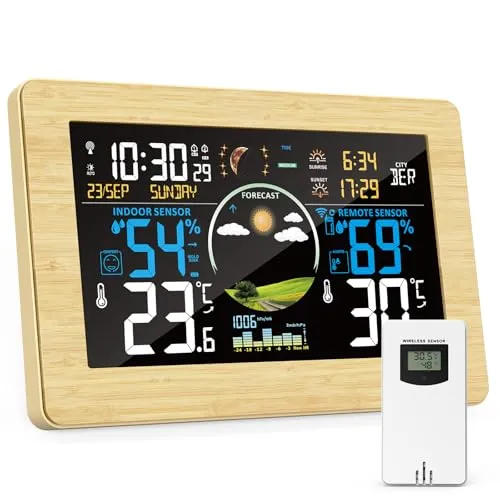 VIFLYKOO Wetterstation Funk mit Außensensor, Thermometer und Hygrometer für Innen und Außen mit Wettervorhersage, Funkwetterstation mit DCF-Signal, VA-Display, Batteriebetrieb, Holzfarbe
