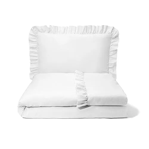 balbina Kinderbettwäsche Baumwolle, 2-teilige Babybettwäsche, Bettwäsche-Set für Kinder, Bettwäsche mit Rüsche & Reißverschluss, Bettbezug 100 x 135 cm & Kopfkissenbezug 60 x 40 cm, Weiß