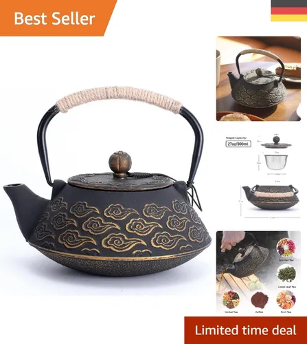 Elegante Gusseisen-Teekanne 800ml mit Edelstahl-Infuser - Wolkenmuster Schwarz