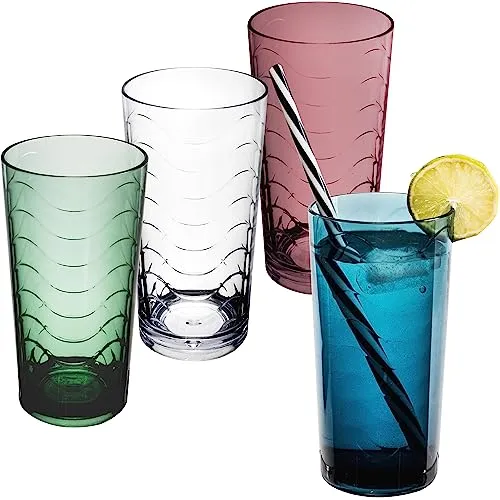 Hummelladen 4 x Campingglas aus Acryl 260ml KLAR PFLAUME GRÜN BLAU - Trinkglas Acrylglas Wasserglas Kunststoff Camping Garten Echtglasoptik Picknick Becher Kinder Senioren Longdrink Coktail