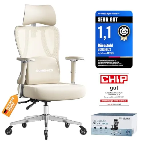 SONGMICS Ergonomischer Bürostuhl mit verstellbaren Armlehnen, Kamelbraun-Wolkenweiß
