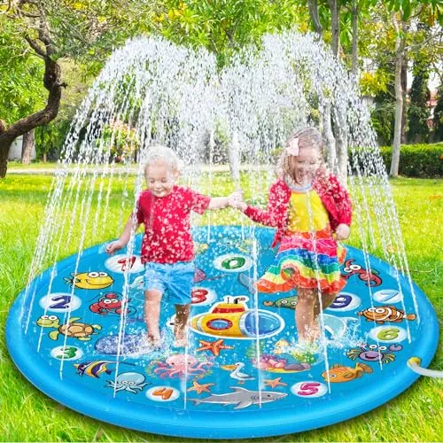 Chennyfun Sommer Sprinkler Wasserspielmatte 170 cm, Großes Runden Aufblasbar Splash Spielmatte, Outdoor Sommer Wasserspielzeug für Familie Aktivitäten/Strand/Garten für Jungen,Mädchen,Haustiere