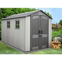 Lifetime Gerätehaus Terra - Grau/Dunkelgrau - Geräumiges Gartenhaus mit eleganter Holzoptik, ideal zum Schutz Ihrer Gartengeräte vor Witterungseinflüssen. Schneller Aufbau und pflegeleichte Materialien sorgen für Ordnung und Stil in Ihrem Außenbereich.