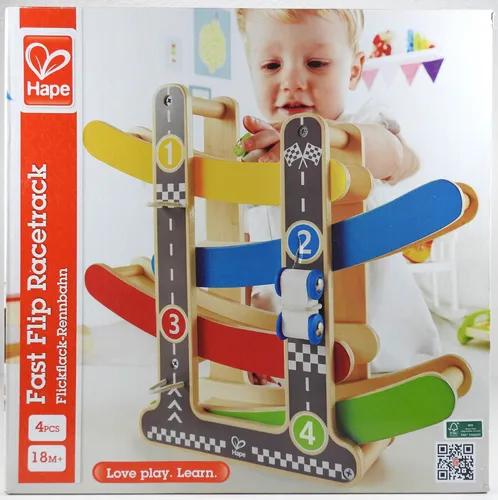 Hape E0438 - Flickflack-Rennbahn aus Holz, mit 3 schnellen Rennautos und attraktivem Design für Kinder ab 18 Monaten