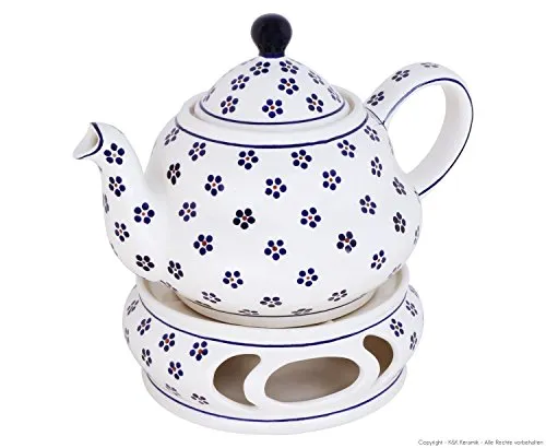 Original Bunzlauer Keramik Teekanne 1,5 Liter mit integriertem Sieb und Stövchen im Dekor 225