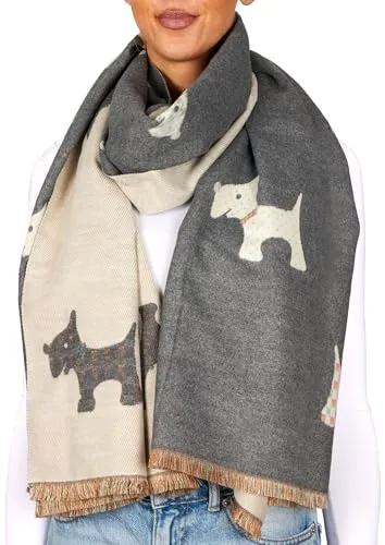 BRUBAKER Cashmirillo Damen Schal mit Hunde Muster - 70 x 200 cm - Warm und Kuschelig - Damenschal für Herbst und Winter - Herbstschal Winterschal - Weiches Kaschmir-Gefühl - Grau