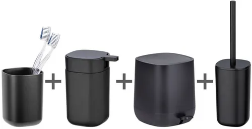 Bad-Accessoire Set Mod. Davos Schwarz mit Treteimer - Sonstige Badaccessoires - Elegantes 4-teiliges Set in Schwarz, inklusive 5 Liter Treteimer mit sanfter Schließautomatik, ideal für ein stilvolles und funktionales Badezimmer.