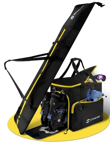 STYNGARD Skitasche Set 4-teilig (140cm-200cm) Skisack und Skischuhtasche mit Helmfach, Helmtasche, Bürste - Rolltop Skitasche und Skischuhtasche mit Lüftungsgitter Modell Salzburg