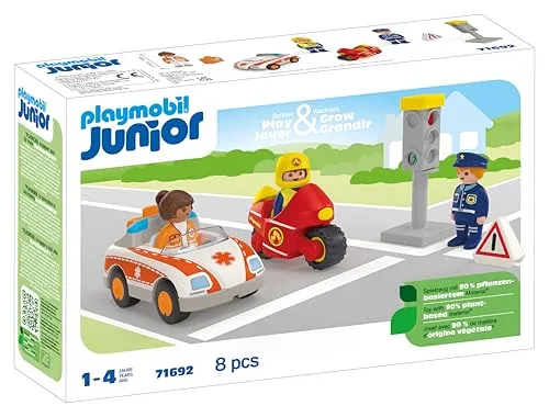 playmobil Spielset JUNIOR 71692 - Helden des Alltags - Spielfigur Spielsets für Kinder ab 1 Jahr, mit 3 Figuren und interaktiven Funktionen wie einstellbarer Verkehrsampel und Geräuschen. Ideal für erste Entdeckungen und aus über 90 % pflanzenbasierten Kunststoffen.