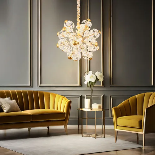 Elegante Pendelleuchte Florietta aus Metall in Gold mit Glaskristallen - Kronleuchter mit luxuriösem Design, beeindruckendem Lichtoutput von 4800 Lumen und warmen 3000K, ideal für eine einladende Atmosphäre im Esszimmer oder Wohnraum.