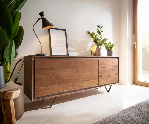 DELIFE Kommode Stonegrace Akazie Braun mit Steinfurnier - Elegante Kommode aus widerstandsfähigem Akazienholz und hochwertigem Steinfurnier, bietet viel Stauraum mit 3 Schüben und 2 Türen. Perfekt für stilvolle Wohnräume.