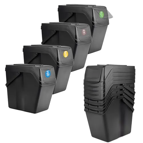 KADAX Abfalleimerset für Mülltrennung 4x25L - Haushaltszubehör: Ergonomisches Müllsortiersystem mit beweglichen Tragegriffen und dichtem Deckel für einfache Mülltrennung in Küche, Bad oder Werkstatt.